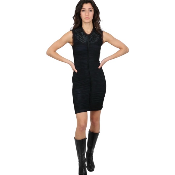 BCBGMAXAZRIA | Black & Green Mesh Black Mini Ruched Dress, Size M - Picture 4 of 12